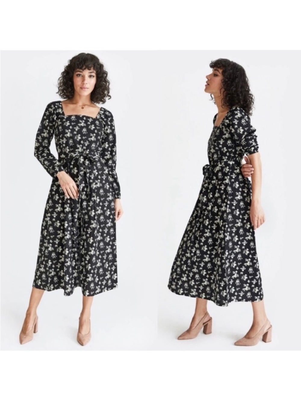 VETTA Black Floral Long-Sleeve Square-Neck Midi Dress